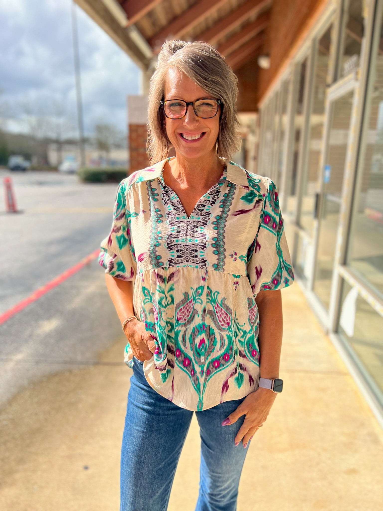 Teal Mix V - Neck Top with Short Puff Sleeves and Contrast Panel - A'Bekah's Boutique