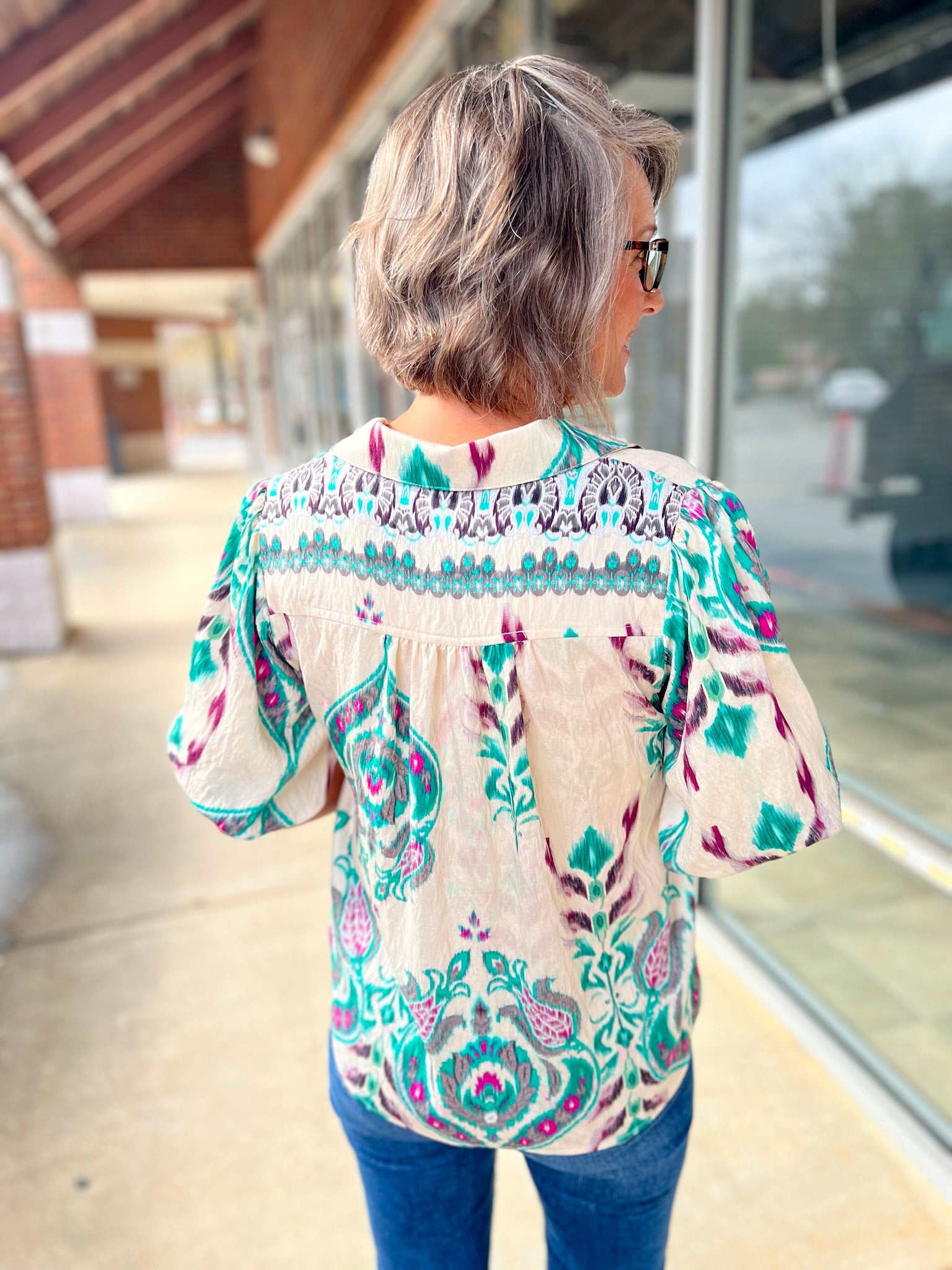 Teal Mix V - Neck Top with Short Puff Sleeves and Contrast Panel - A'Bekah's Boutique