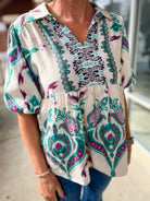 Teal Mix V - Neck Top with Short Puff Sleeves and Contrast Panel - A'Bekah's Boutique