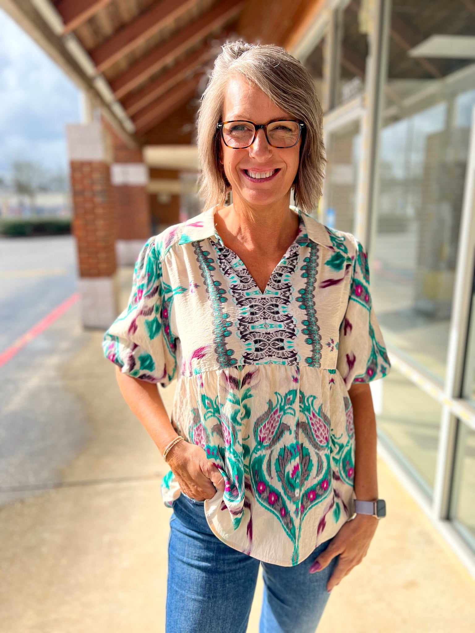 Teal Mix V - Neck Top with Short Puff Sleeves and Contrast Panel - A'Bekah's Boutique