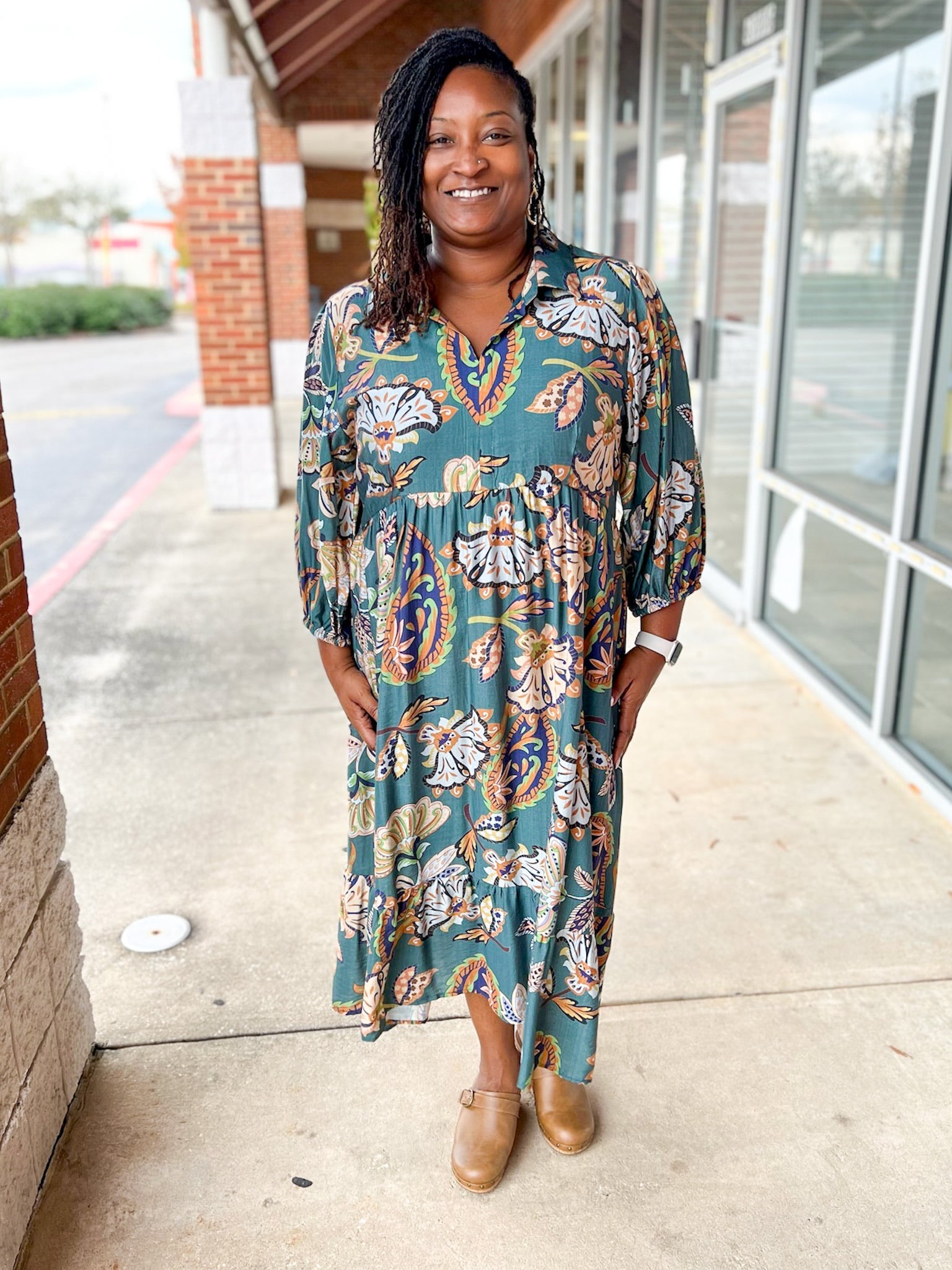 Teal Paisley Print V - Neck Tiered 3/4 Sleeve Midi Dress (C) - A'Bekah's Boutique