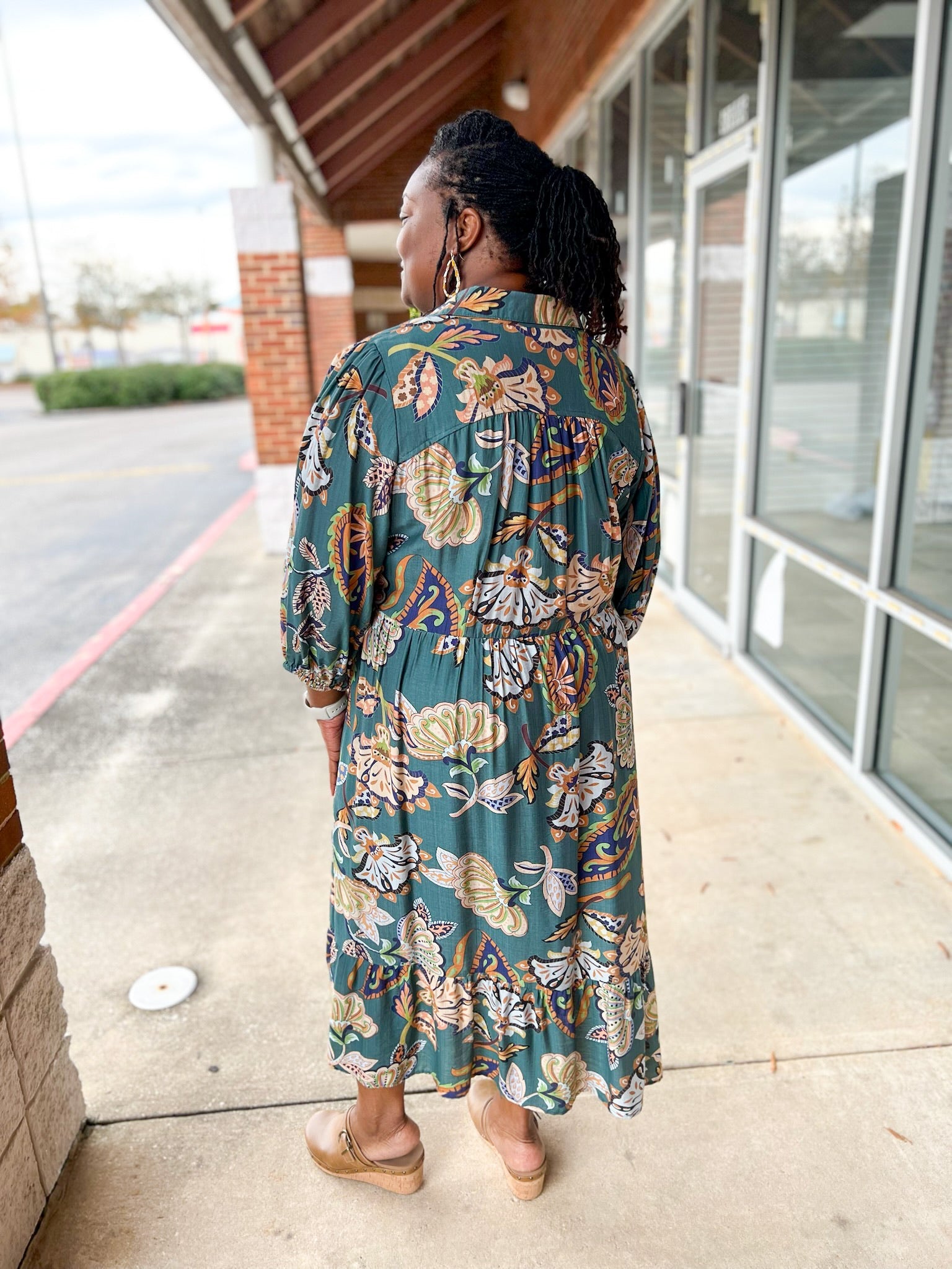 Teal Paisley Print V - Neck Tiered 3/4 Sleeve Midi Dress (C) - A'Bekah's Boutique