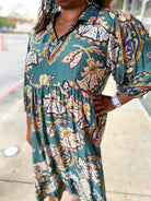 Teal Paisley Print V - Neck Tiered 3/4 Sleeve Midi Dress (C) - A'Bekah's Boutique