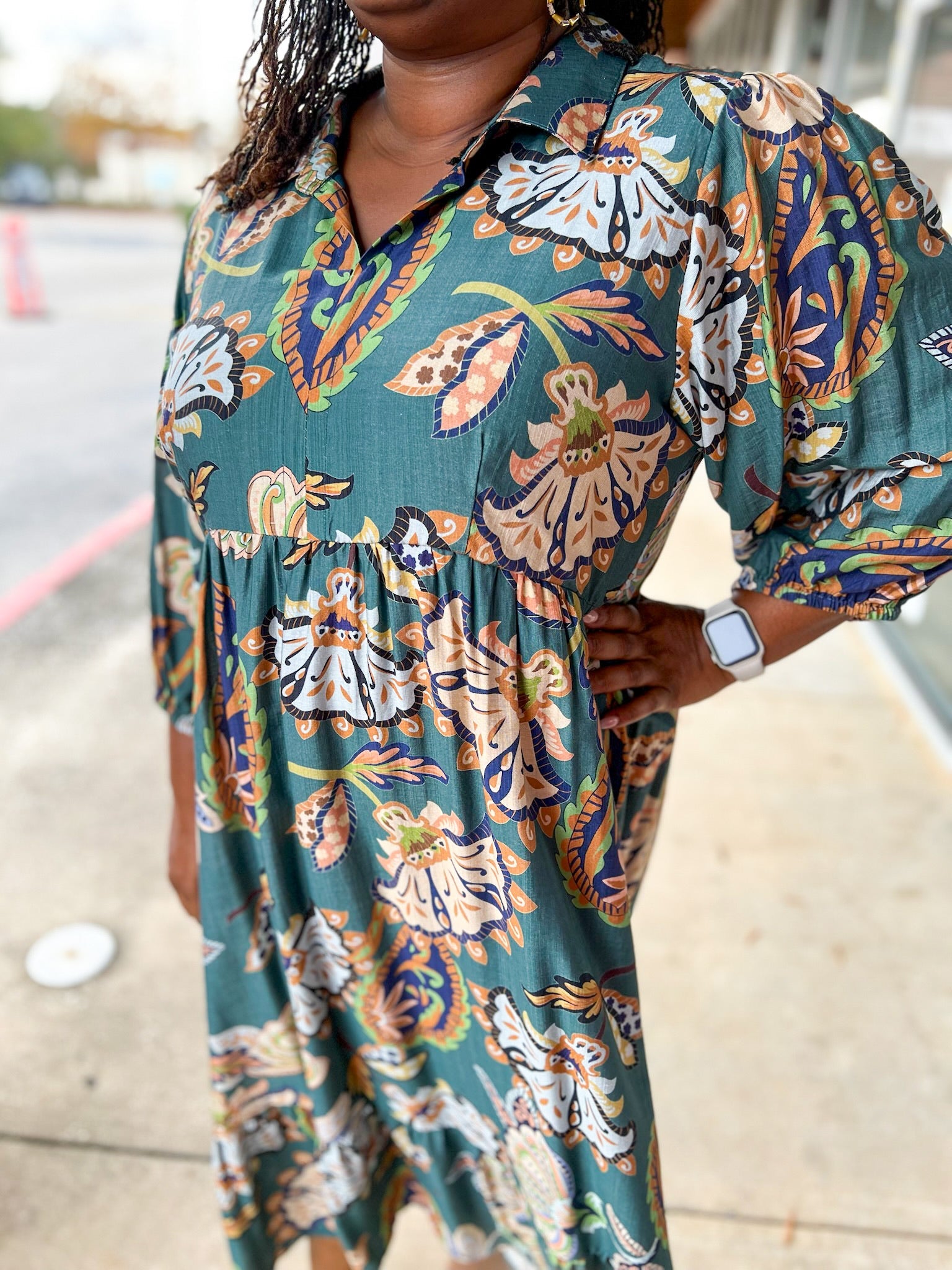 Teal Paisley Print V - Neck Tiered 3/4 Sleeve Midi Dress (C) - A'Bekah's Boutique