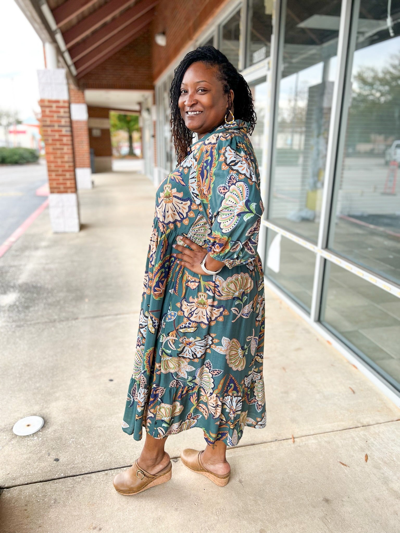 Teal Paisley Print V - Neck Tiered 3/4 Sleeve Midi Dress (C) - A'Bekah's Boutique