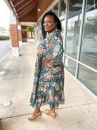 Teal Paisley Print V - Neck Tiered 3/4 Sleeve Midi Dress (C) - A'Bekah's Boutique