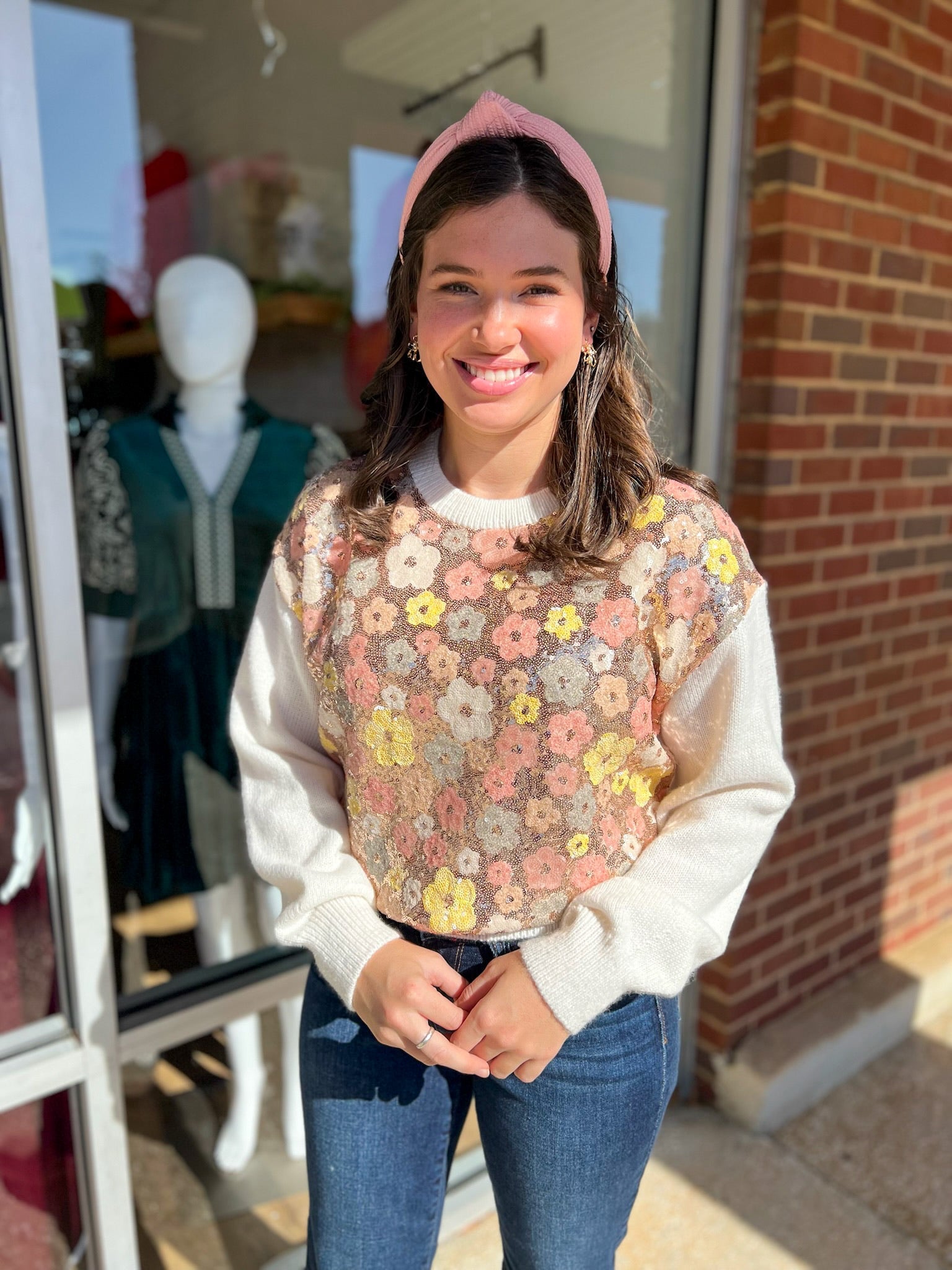 Thoughts Of You Cream Floral Motif Sequin Long Sleeve Sweater - A'Bekah's Boutique