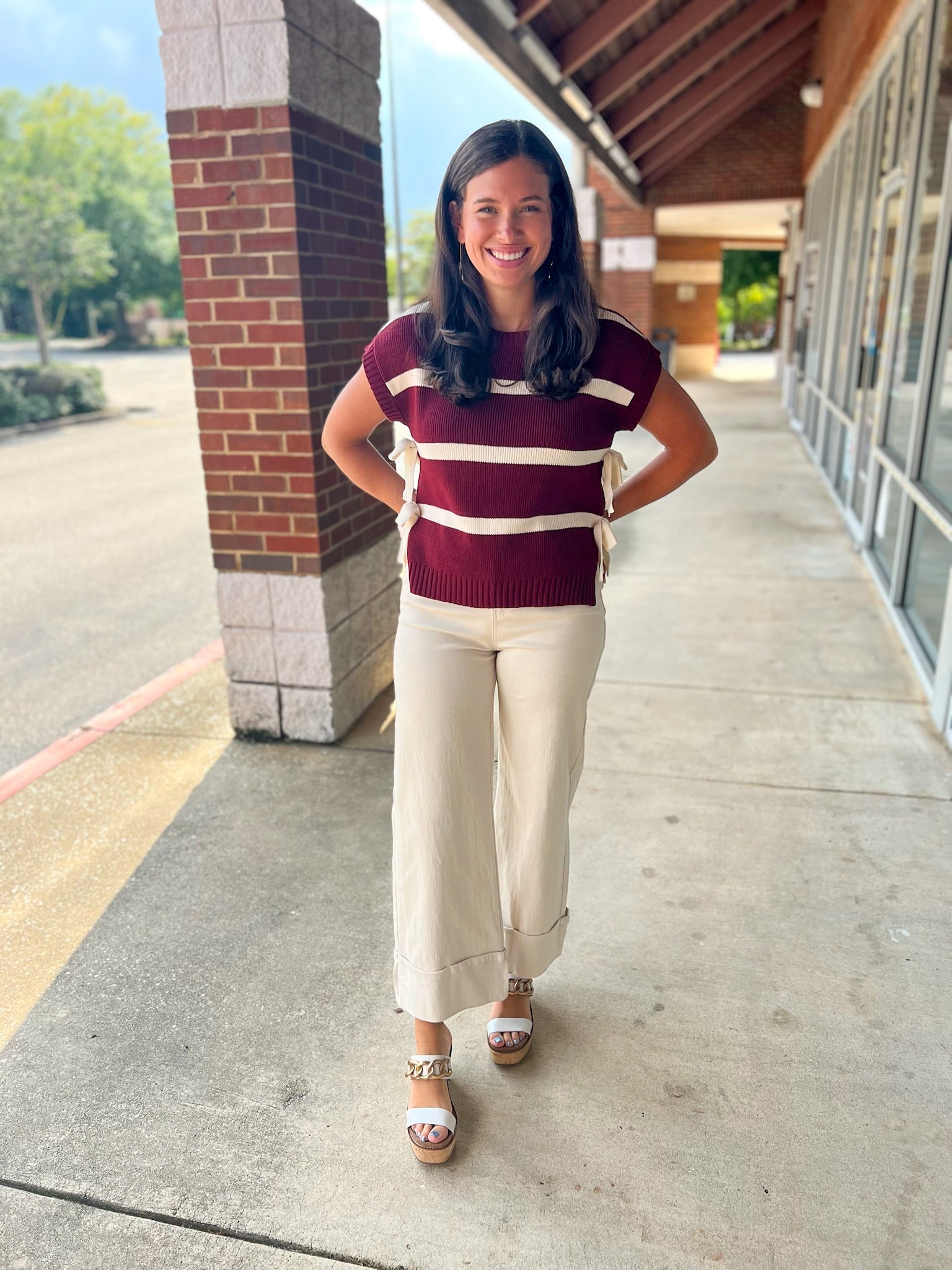 Together With You Burgundy Striped Short Sleeve Sweater with Side Ties - A'Bekah's Boutique