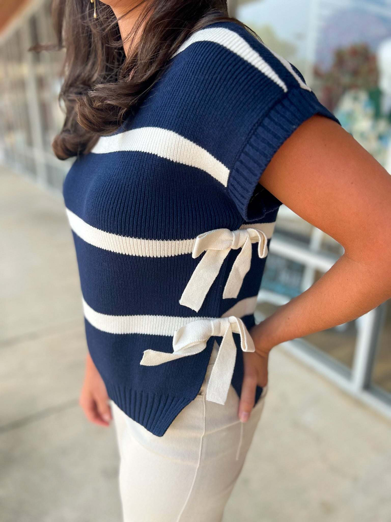 Together With You Navy Striped Short Sleeve Sweater with Side Ties - A'Bekah's Boutique