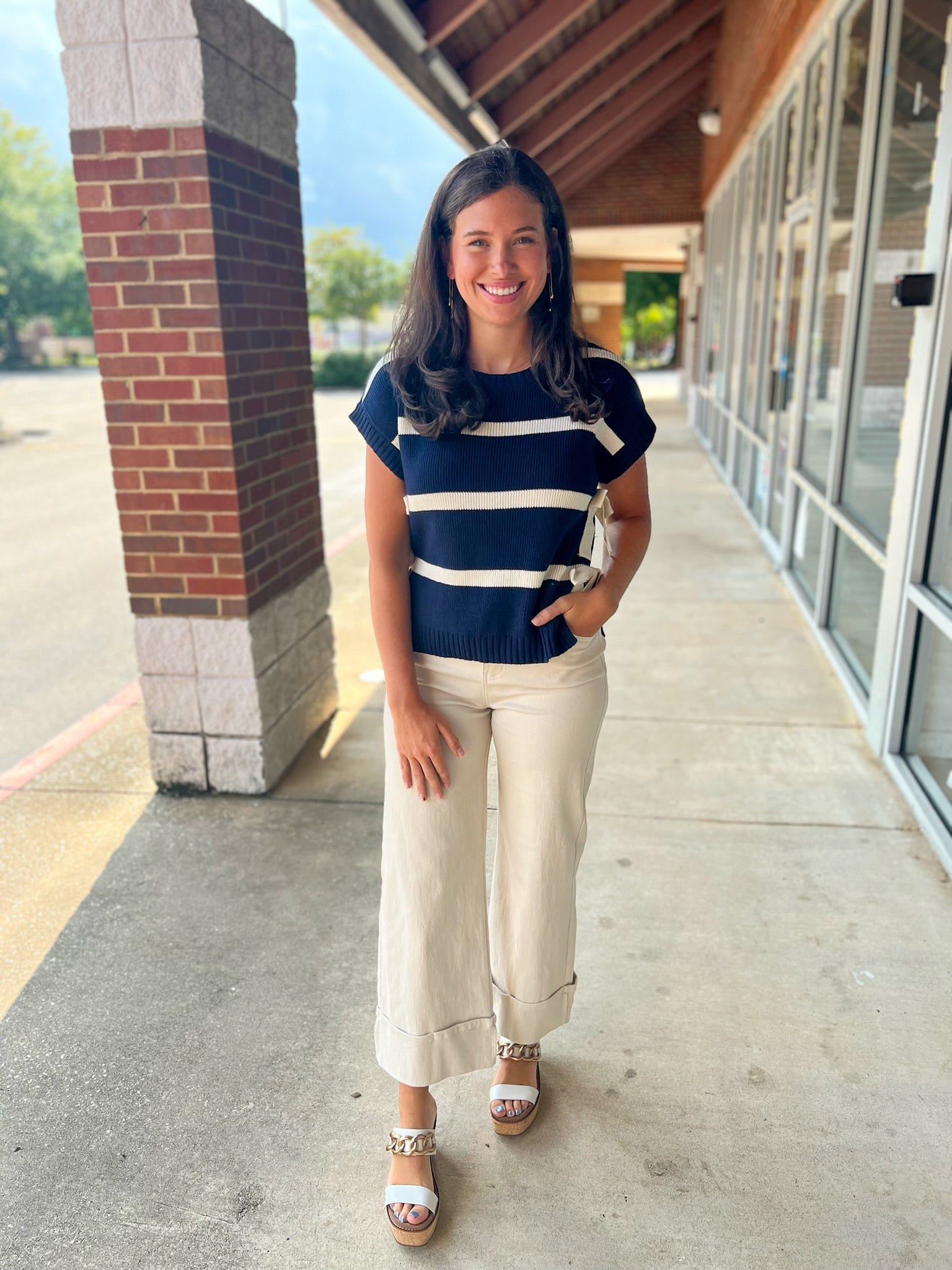Together With You Navy Striped Short Sleeve Sweater with Side Ties - A'Bekah's Boutique