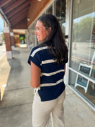 Together With You Navy Striped Short Sleeve Sweater with Side Ties - A'Bekah's Boutique