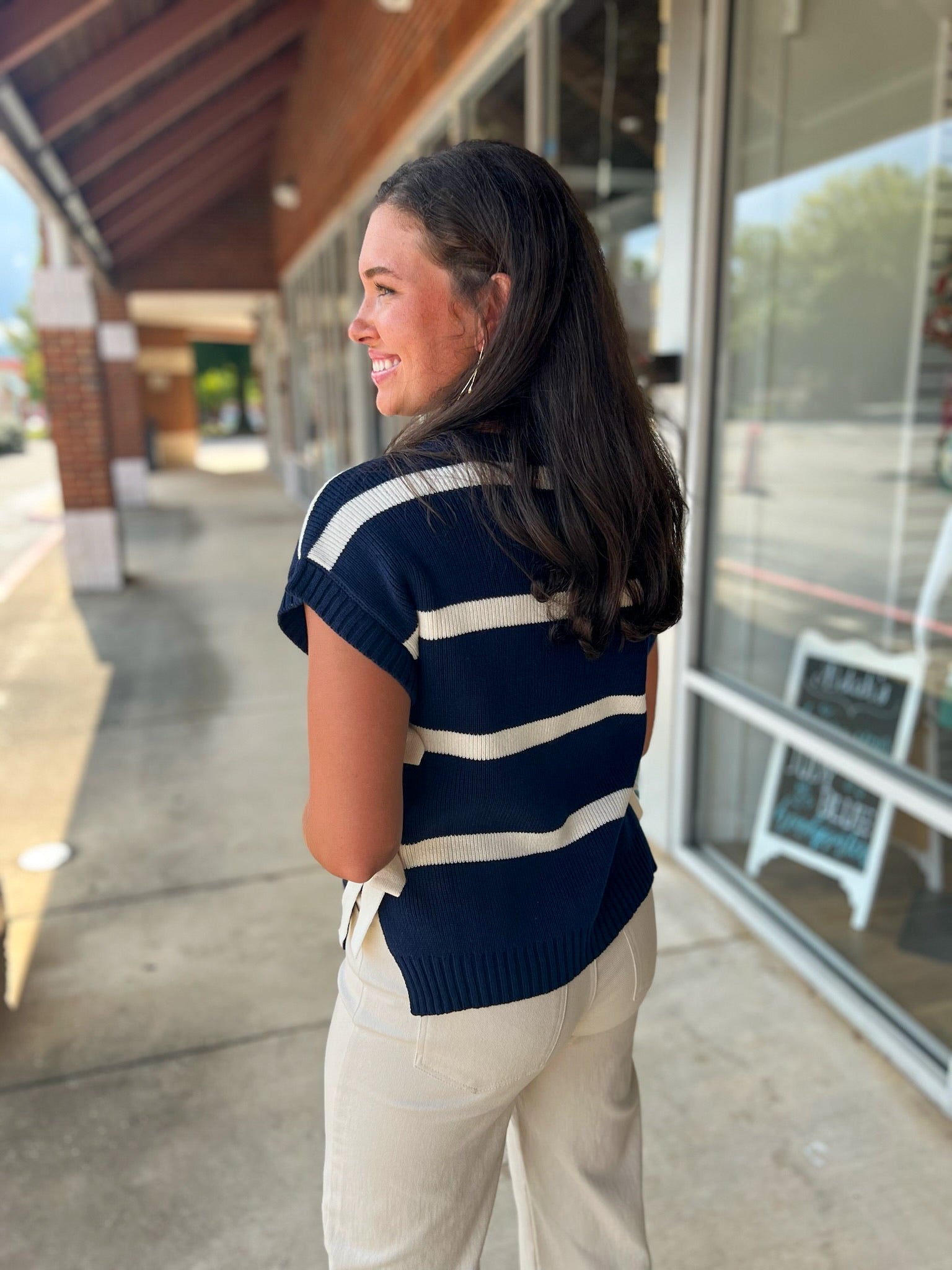 Together With You Navy Striped Short Sleeve Sweater with Side Ties - A'Bekah's Boutique