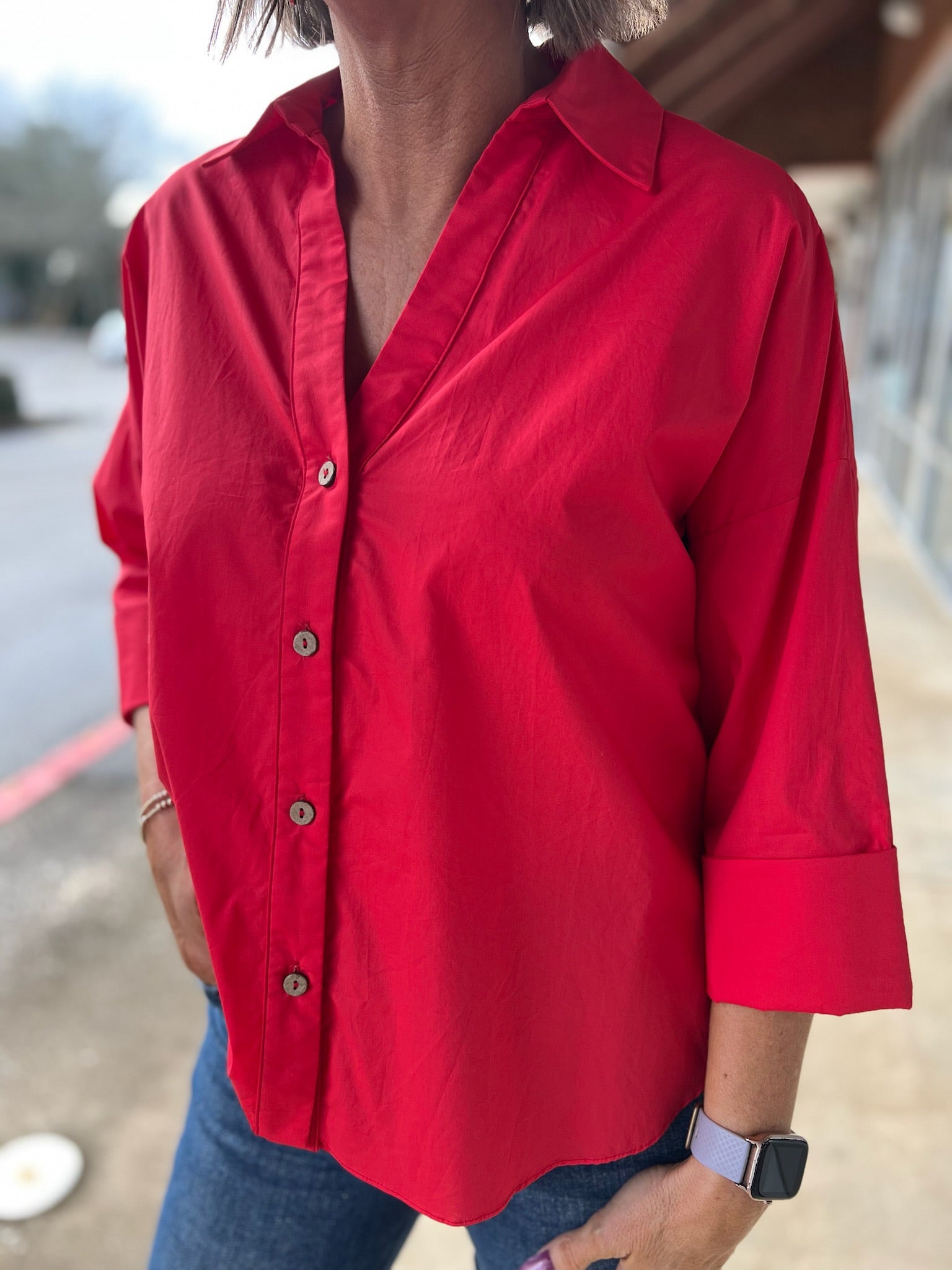 Tomato Red Button Up Top with 3/4 Length Sleeves - A'Bekah's Boutique