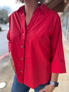 Tomato Red Button Up Top with 3/4 Length Sleeves - A'Bekah's Boutique