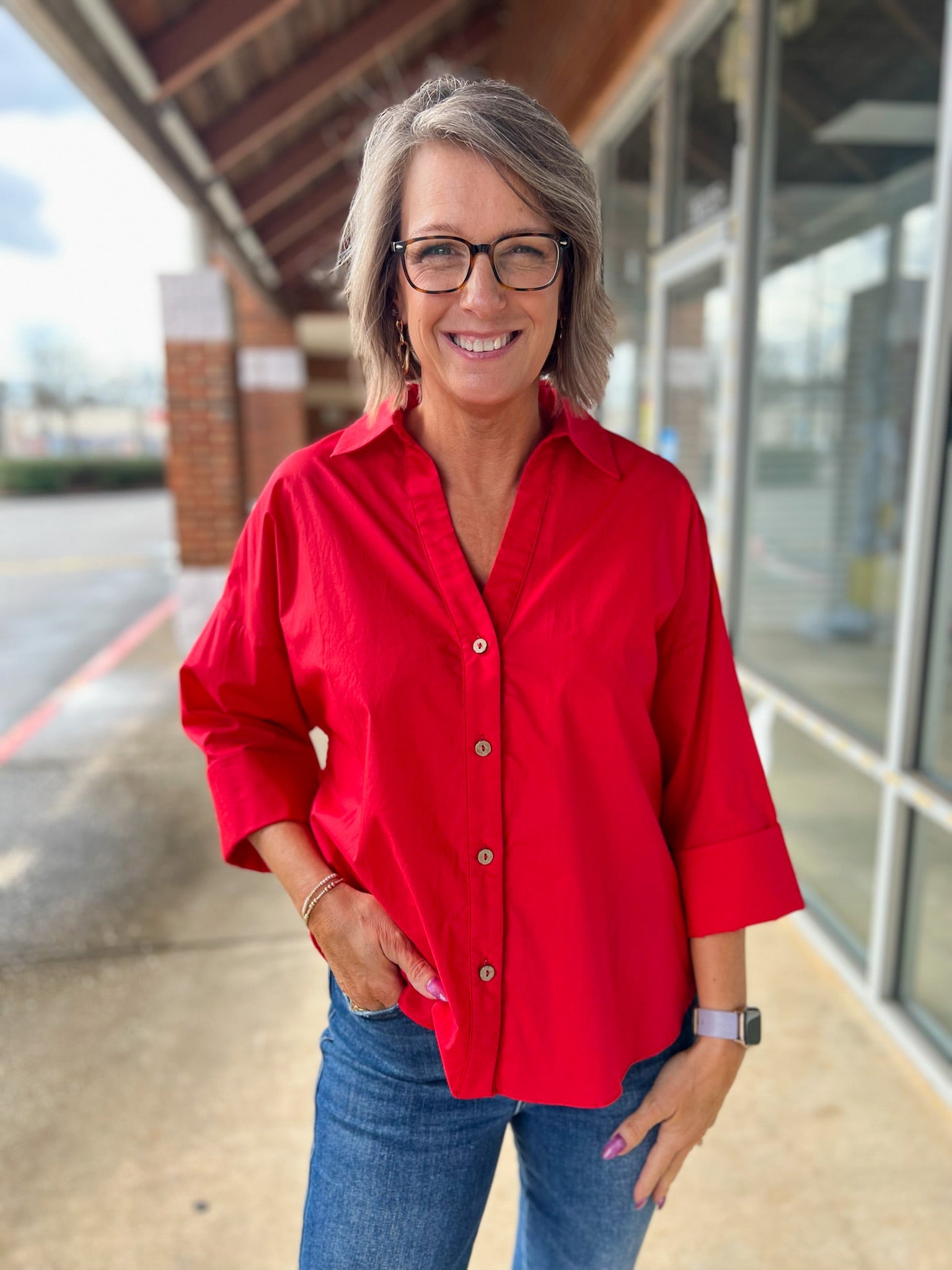 Tomato Red Button Up Top with 3/4 Length Sleeves - A'Bekah's Boutique