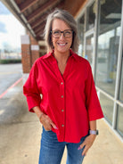 Tomato Red Button Up Top with 3/4 Length Sleeves - A'Bekah's Boutique