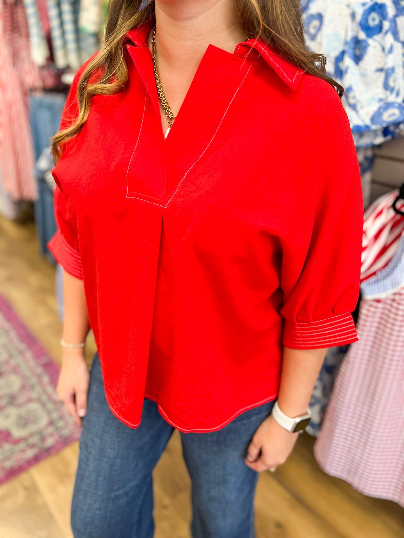 Tomato Red V-Neck Short Sleeve Top - A'Bekah's Boutique