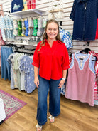 Tomato Red V-Neck Short Sleeve Top - A'Bekah's Boutique
