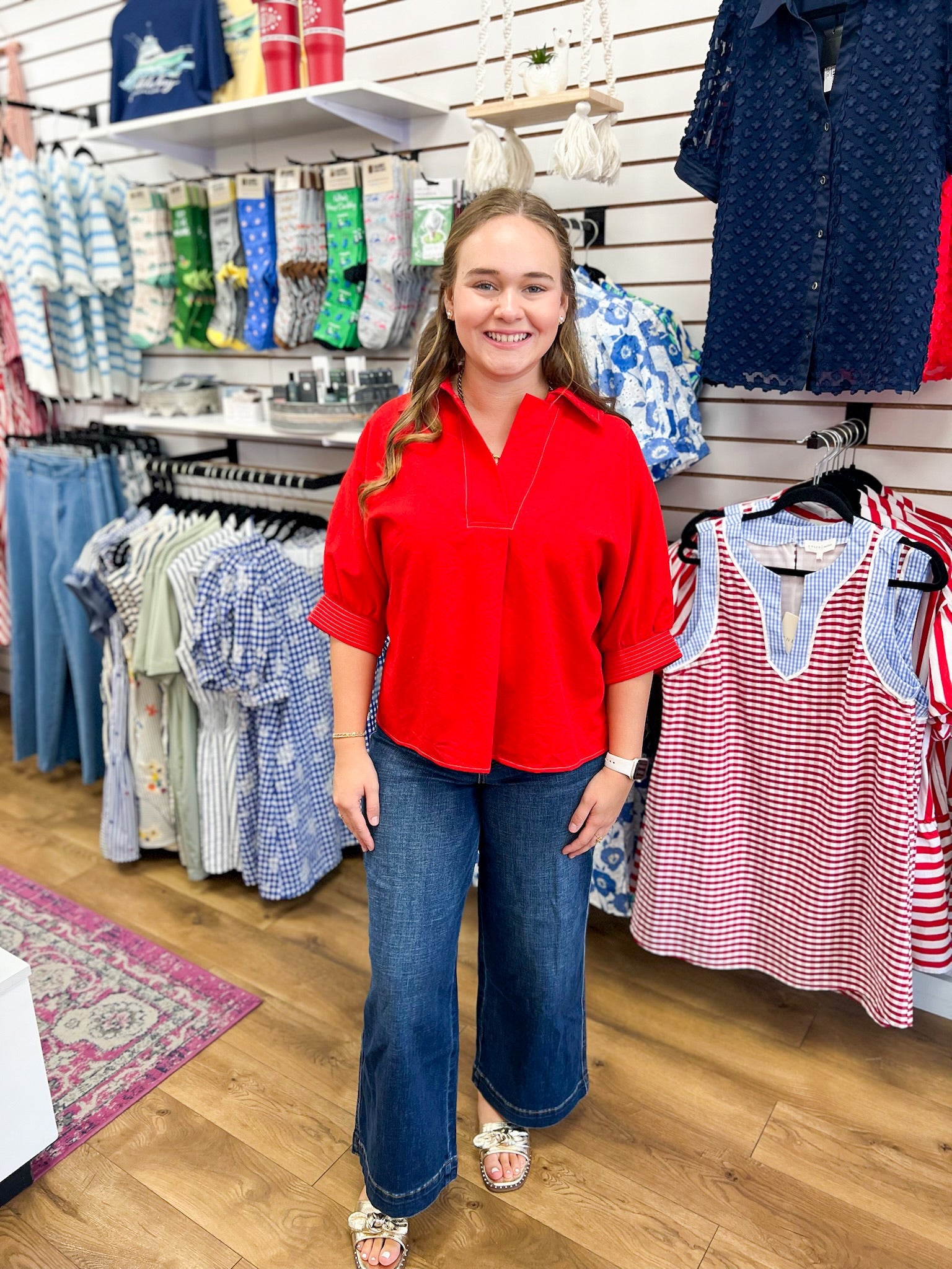 Tomato Red V-Neck Short Sleeve Top - A'Bekah's Boutique