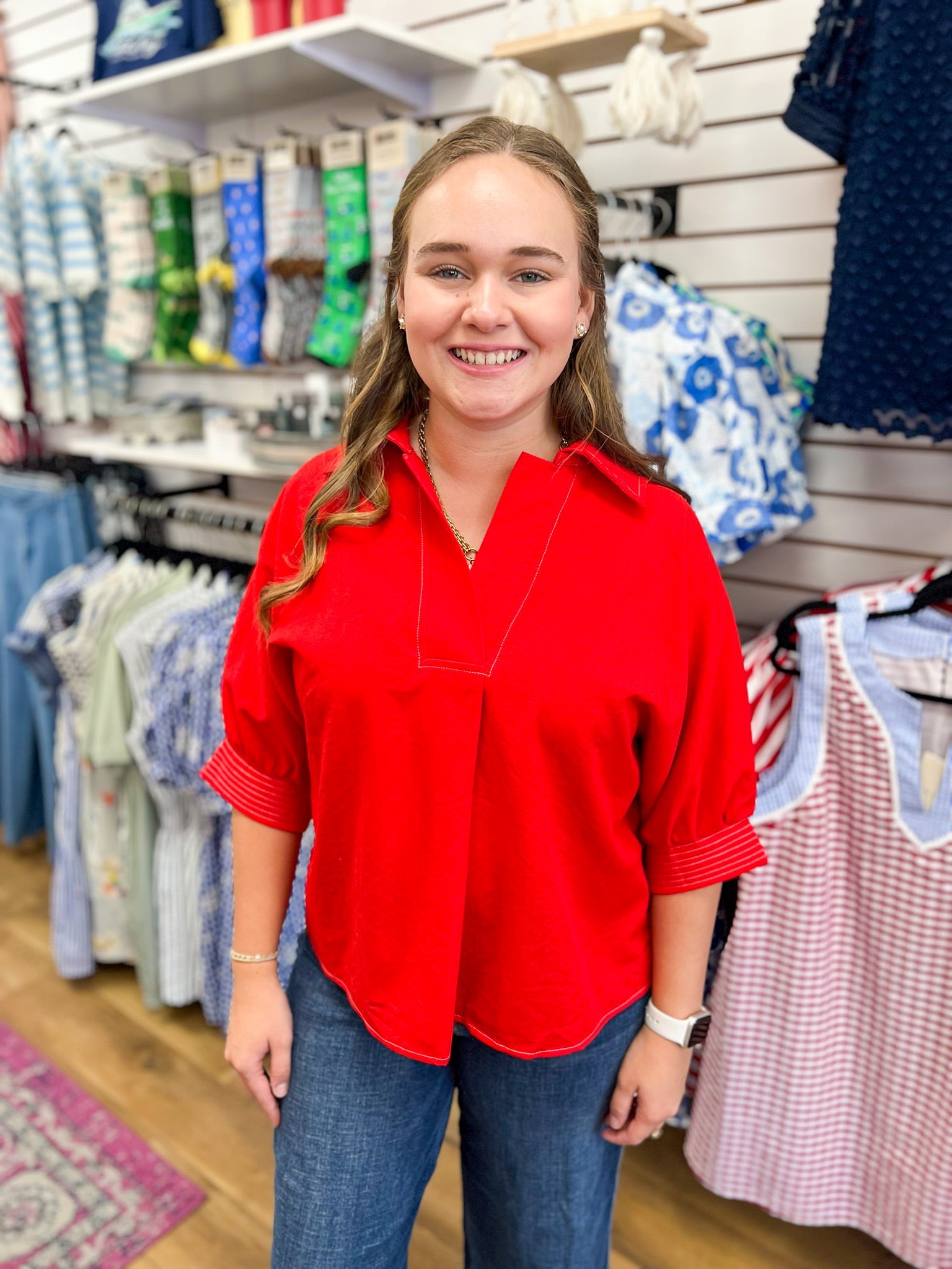 Tomato Red V-Neck Short Sleeve Top - A'Bekah's Boutique