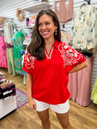 Tomato Red V - Neck Top with Embroidery Details - A'Bekah's Boutique