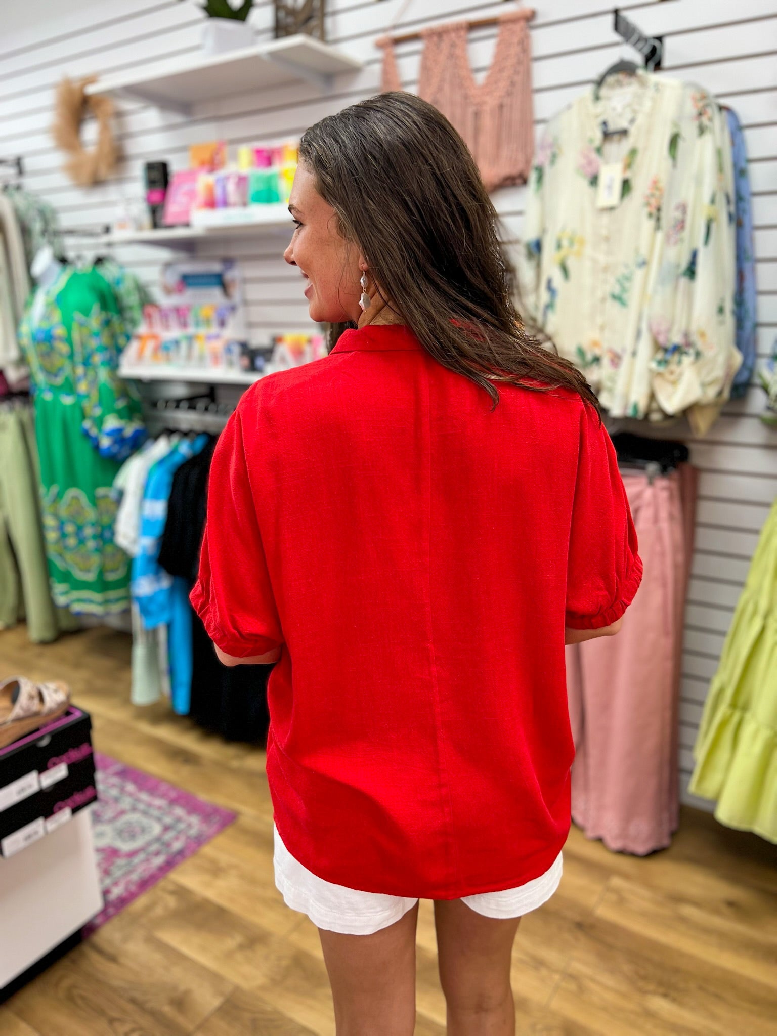 Tomato Red V - Neck Top with Embroidery Details - A'Bekah's Boutique
