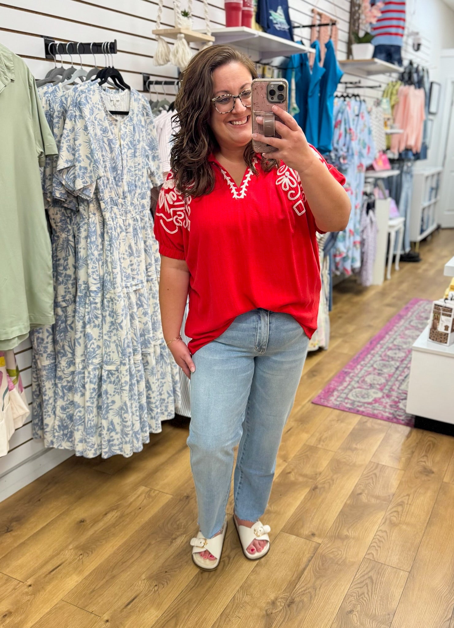 Tomato Red V-Neck Top with Embroidery Details - A'Bekah's Boutique