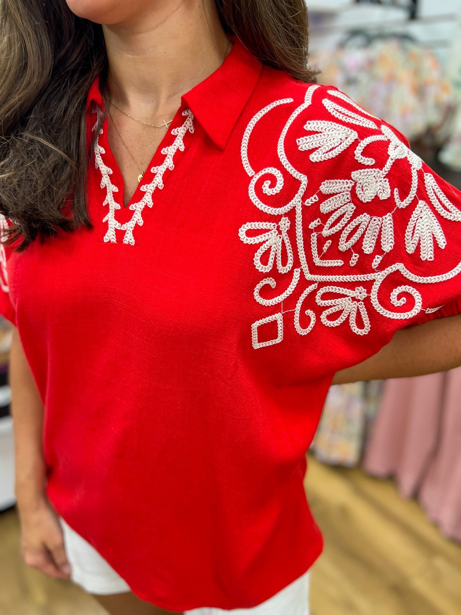 Tomato Red V - Neck Top with Embroidery Details - A'Bekah's Boutique