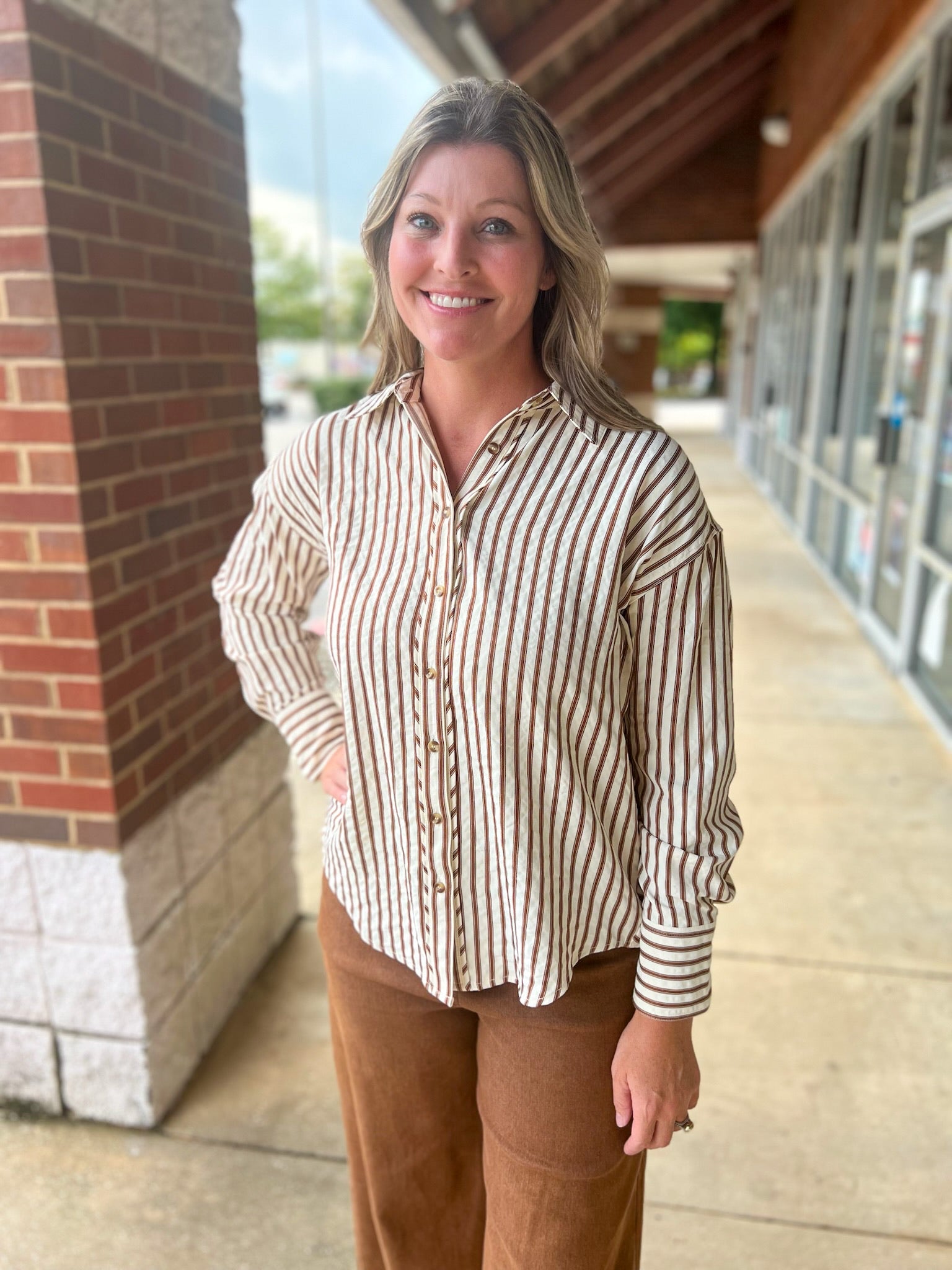 Too Shy Brown Striped Long Sleeve Button Up Top - A'Bekah's Boutique