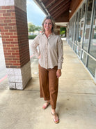 Too Shy Brown Striped Long Sleeve Button Up Top - A'Bekah's Boutique
