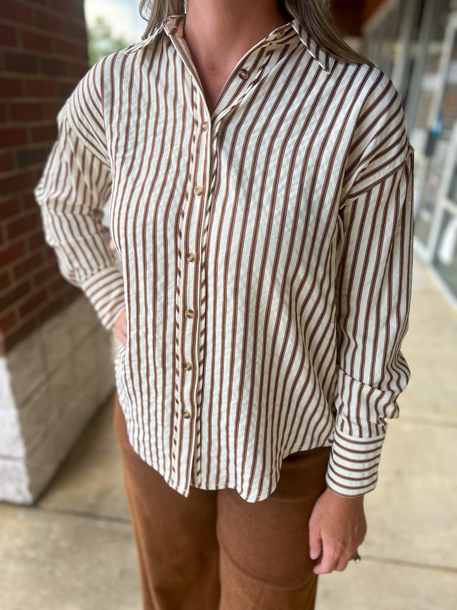 Too Shy Brown Striped Long Sleeve Button Up Top - A'Bekah's Boutique