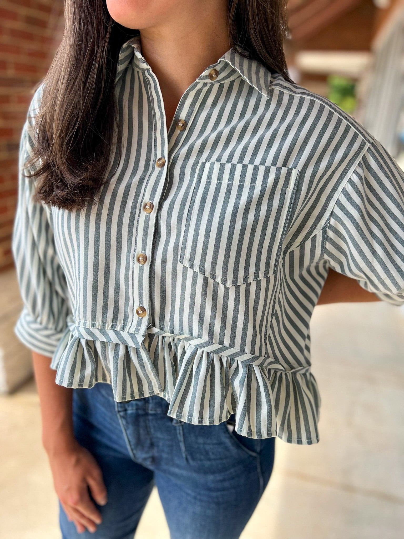 Topiary Blue Striped Button Up Ruffled Hem Top - A'Bekah's Boutique