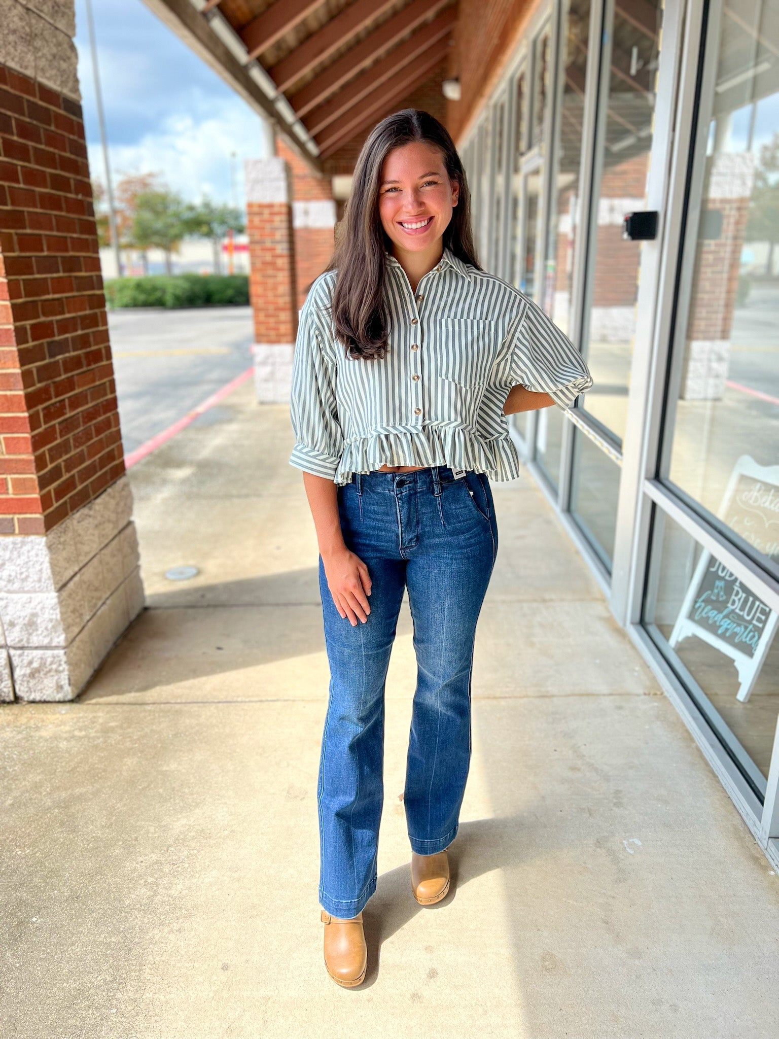 Topiary Blue Striped Button Up Ruffled Hem Top - A'Bekah's Boutique