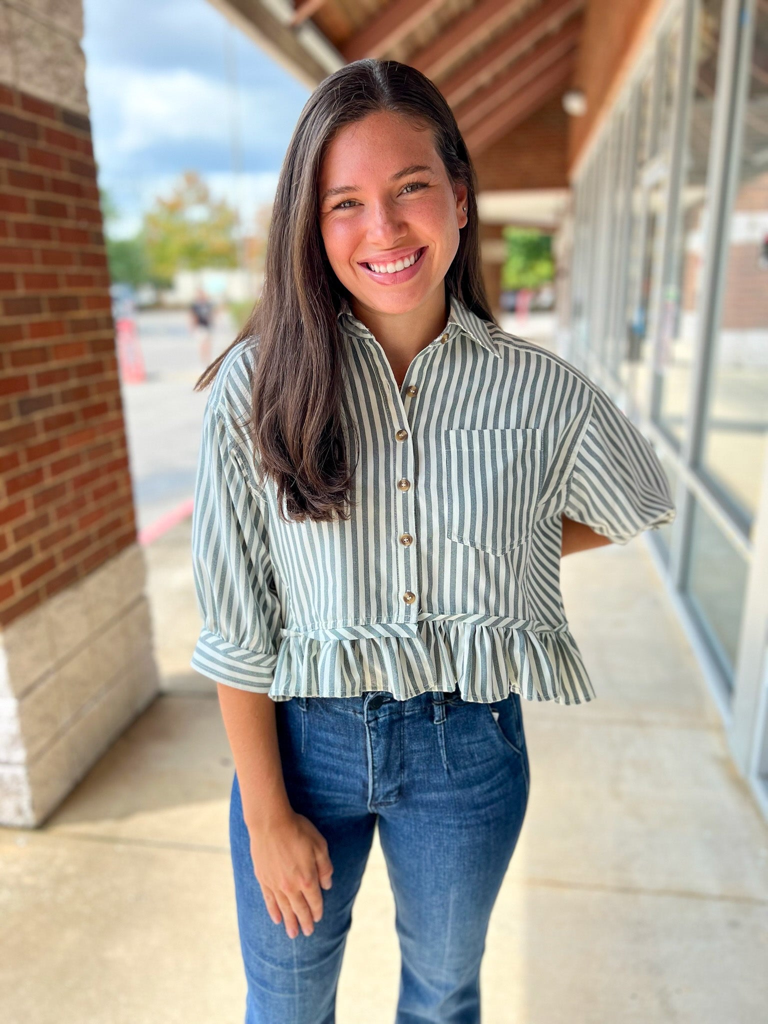 Topiary Blue Striped Button Up Ruffled Hem Top - A'Bekah's Boutique