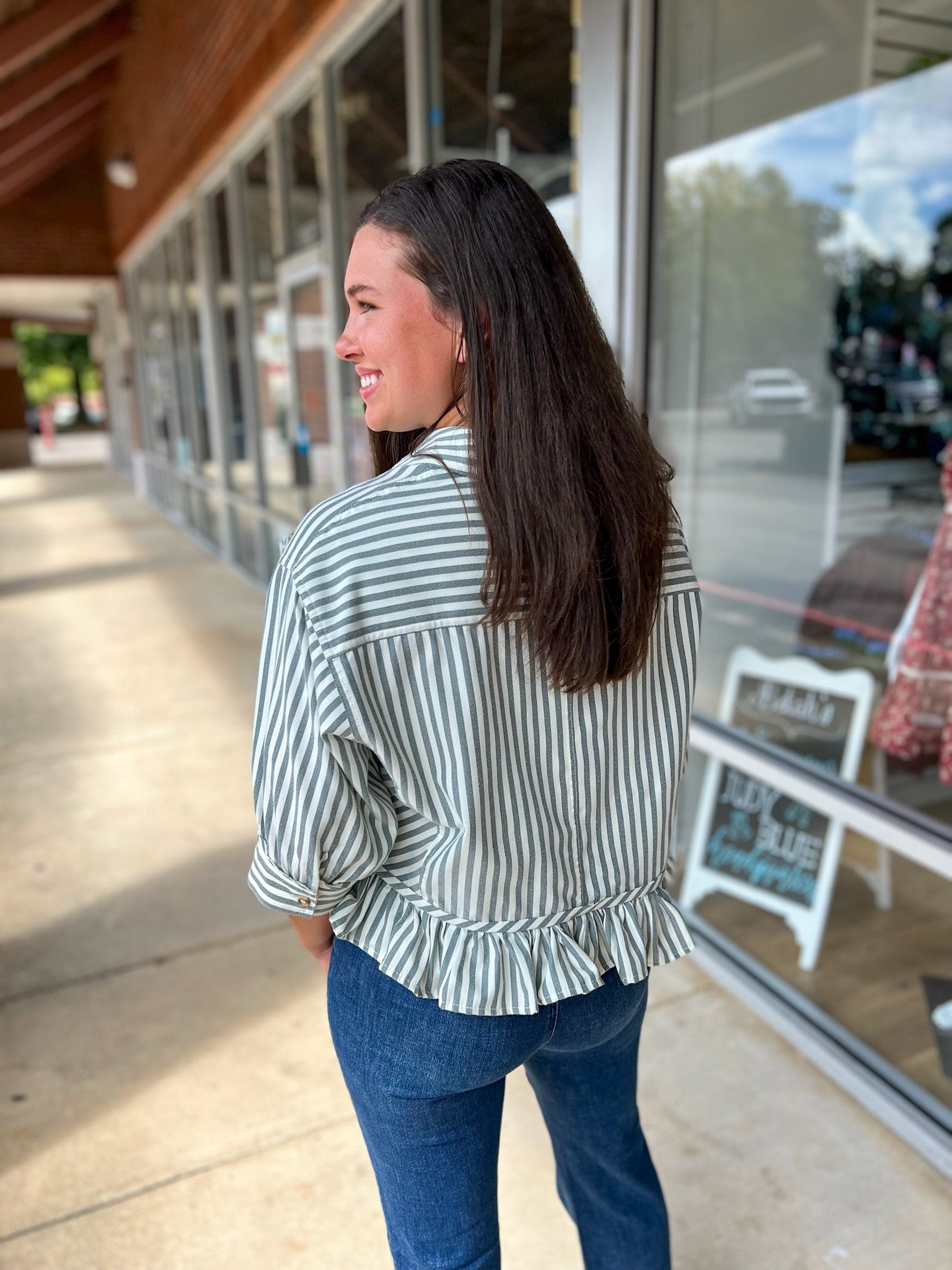 Topiary Blue Striped Button Up Ruffled Hem Top - A'Bekah's Boutique