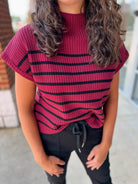 Try Again Burgundy Striped Mock Neck Short Sleeve Sweater - A'Bekah's Boutique