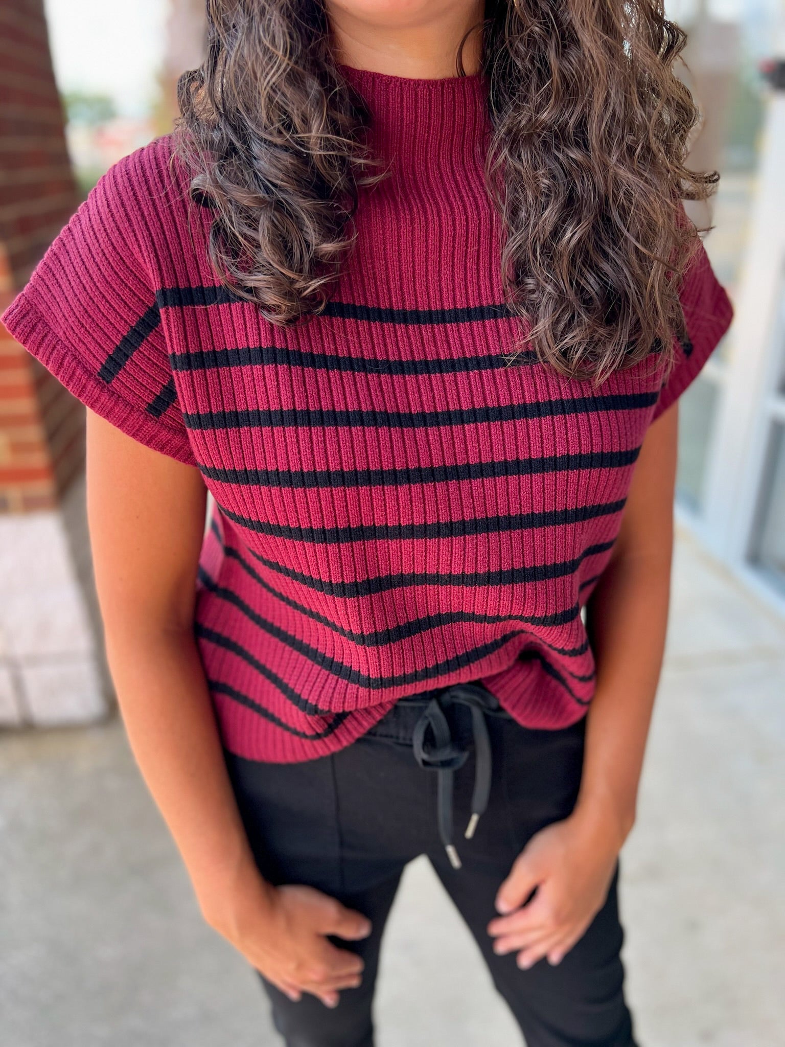 Try Again Burgundy Striped Mock Neck Short Sleeve Sweater - A'Bekah's Boutique