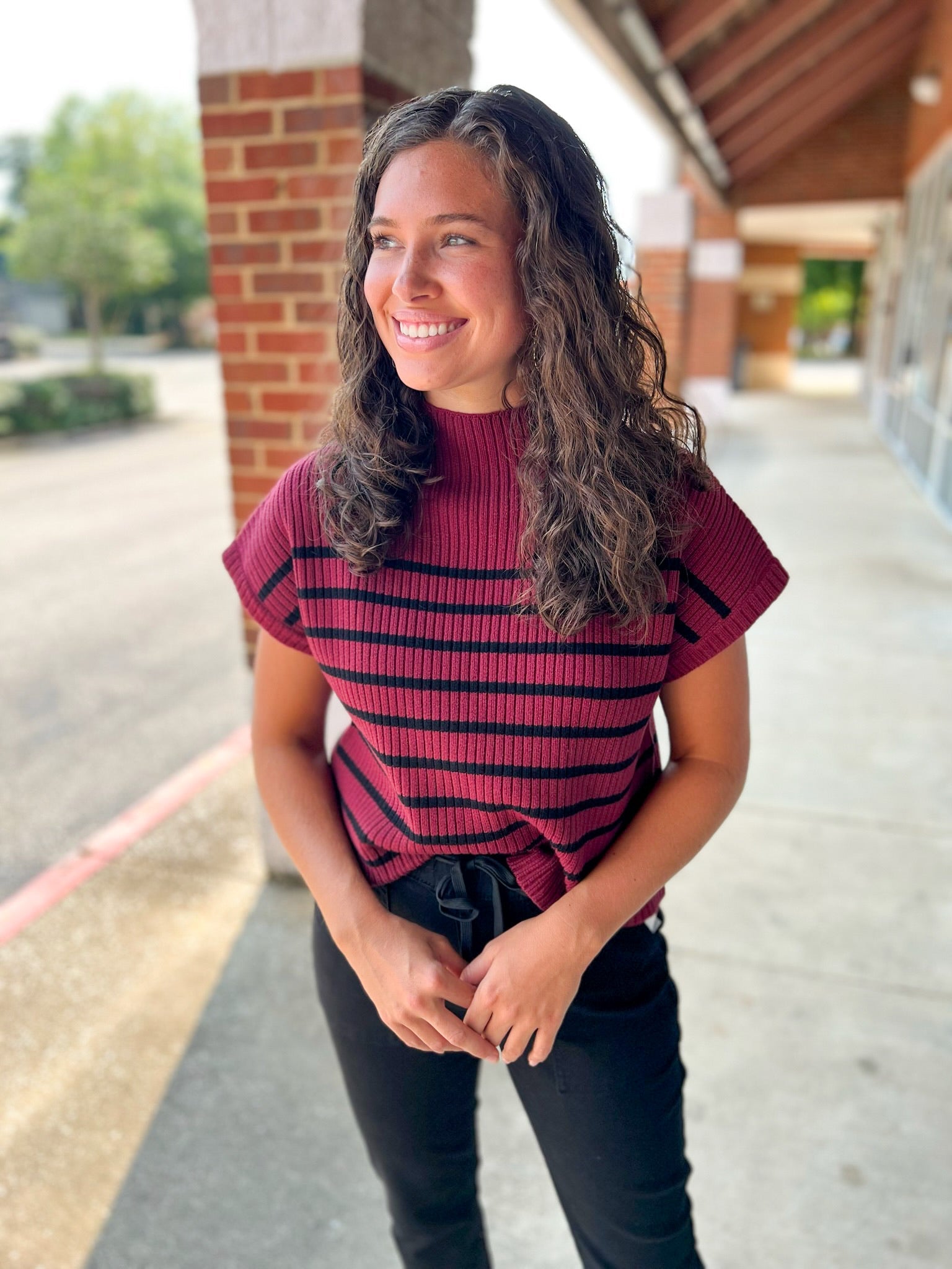 Try Again Burgundy Striped Mock Neck Short Sleeve Sweater - A'Bekah's Boutique