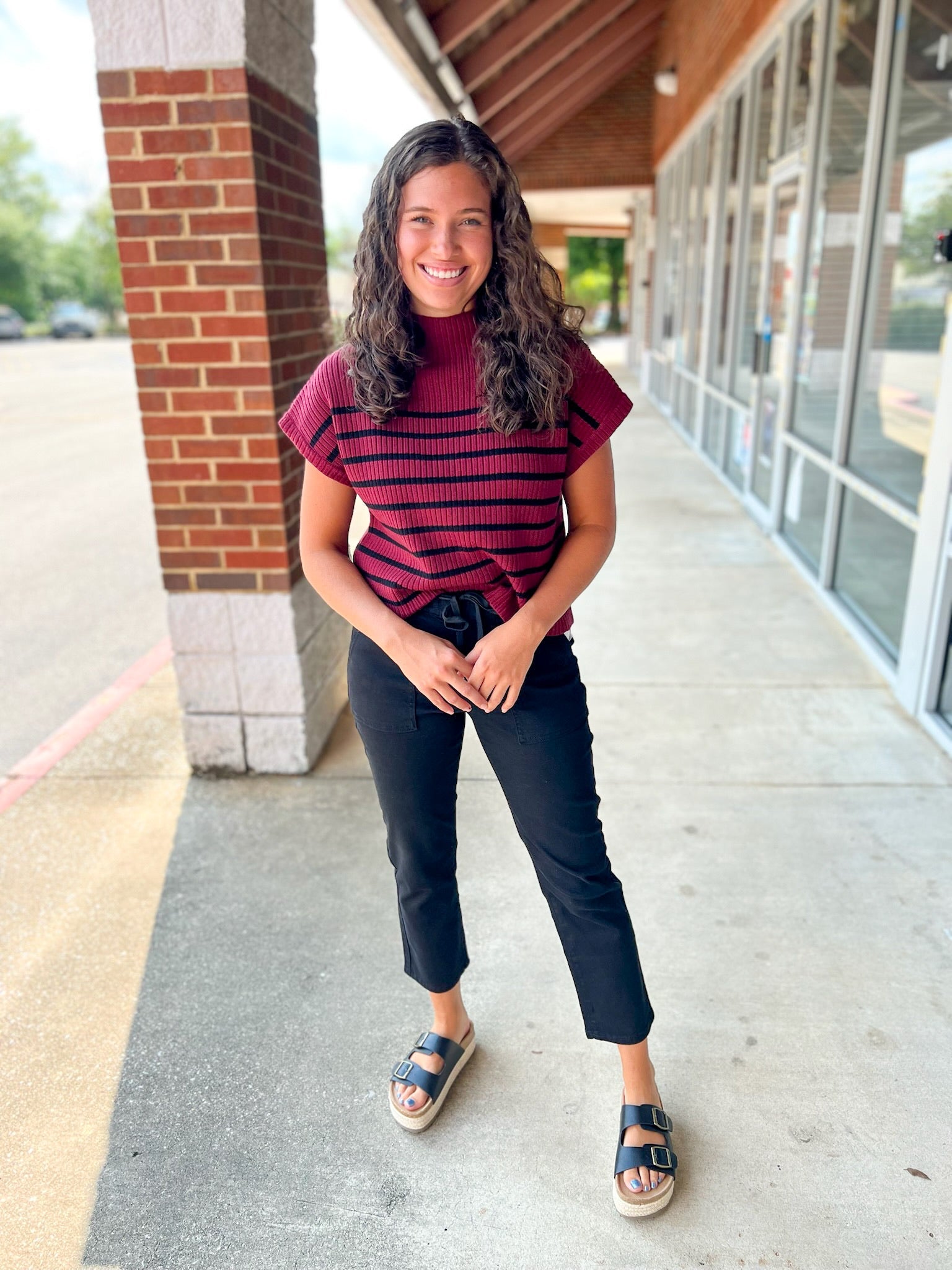 Try Again Burgundy Striped Mock Neck Short Sleeve Sweater - A'Bekah's Boutique