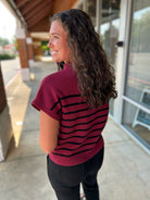 Try Again Burgundy Striped Mock Neck Short Sleeve Sweater - A'Bekah's Boutique