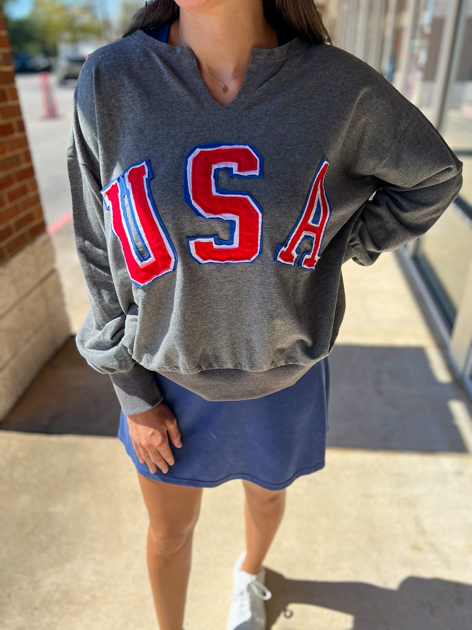 USA Patch Logo Heather Charcoal Long Sleeve Sweatshirt - A'Bekah's Boutique