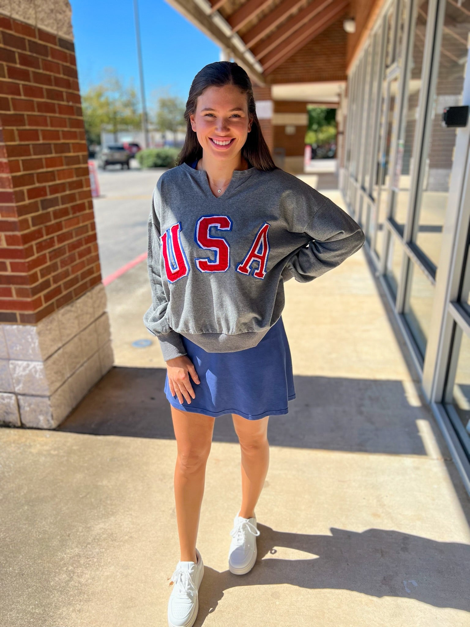 USA Patch Logo Heather Charcoal Long Sleeve Sweatshirt - A'Bekah's Boutique