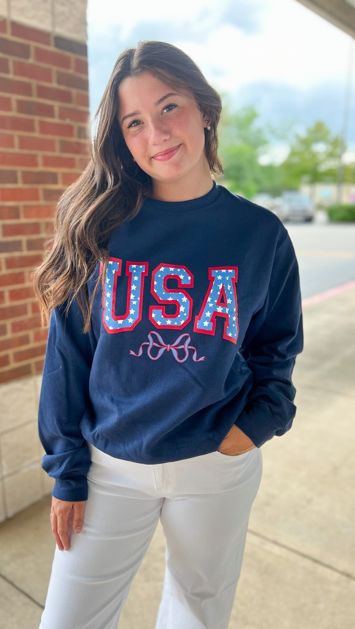 USA Stars & Bow Navy Sweatshirt - A'Bekah's Boutique