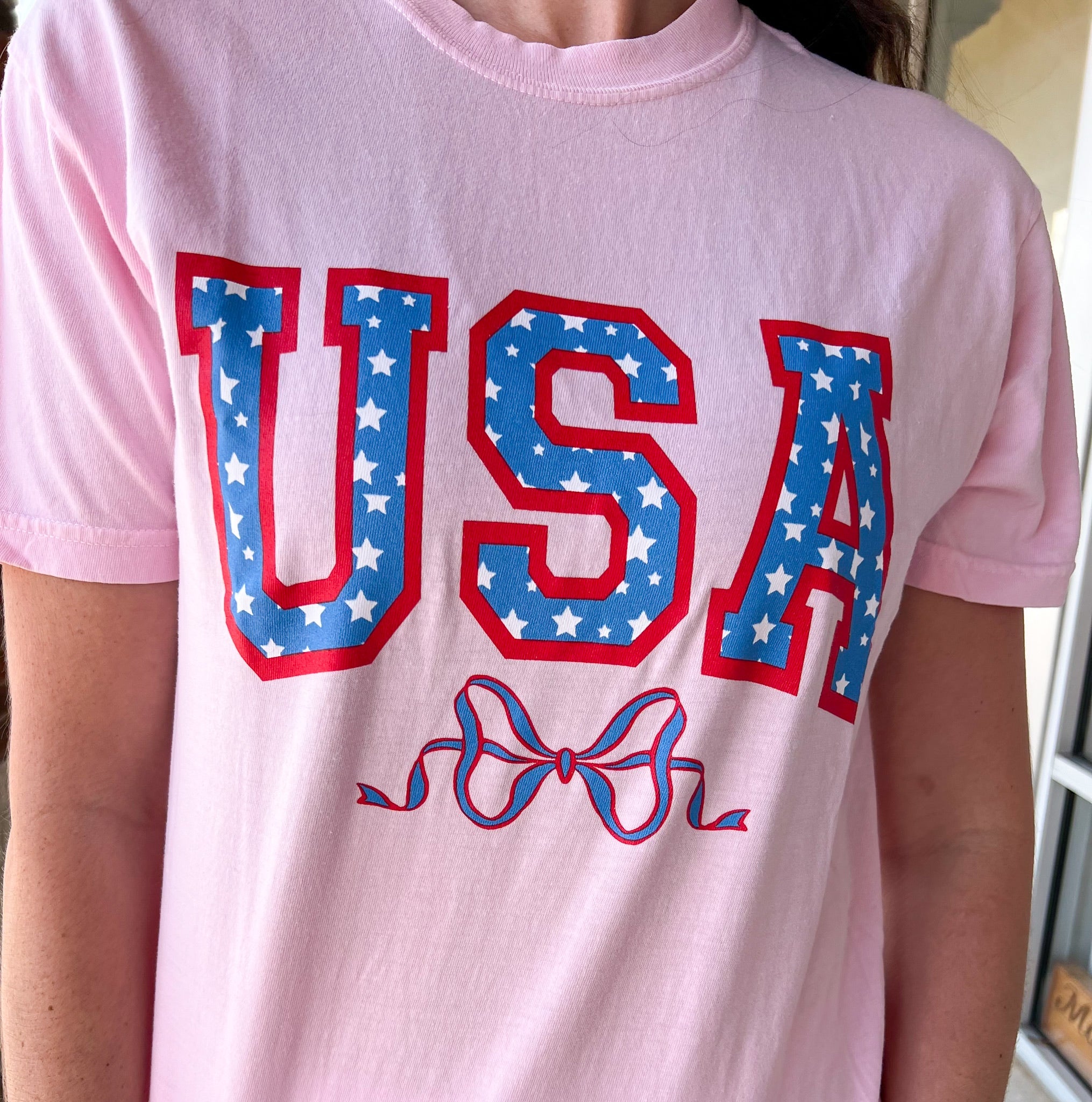 USA Stars & Bow Pink T-Shirt - A'Bekah's Boutique