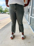 Vervet Deep Forest Green High Waisted Distressed Hem Crop Flare Jeans (C) - A'Bekah's Boutique