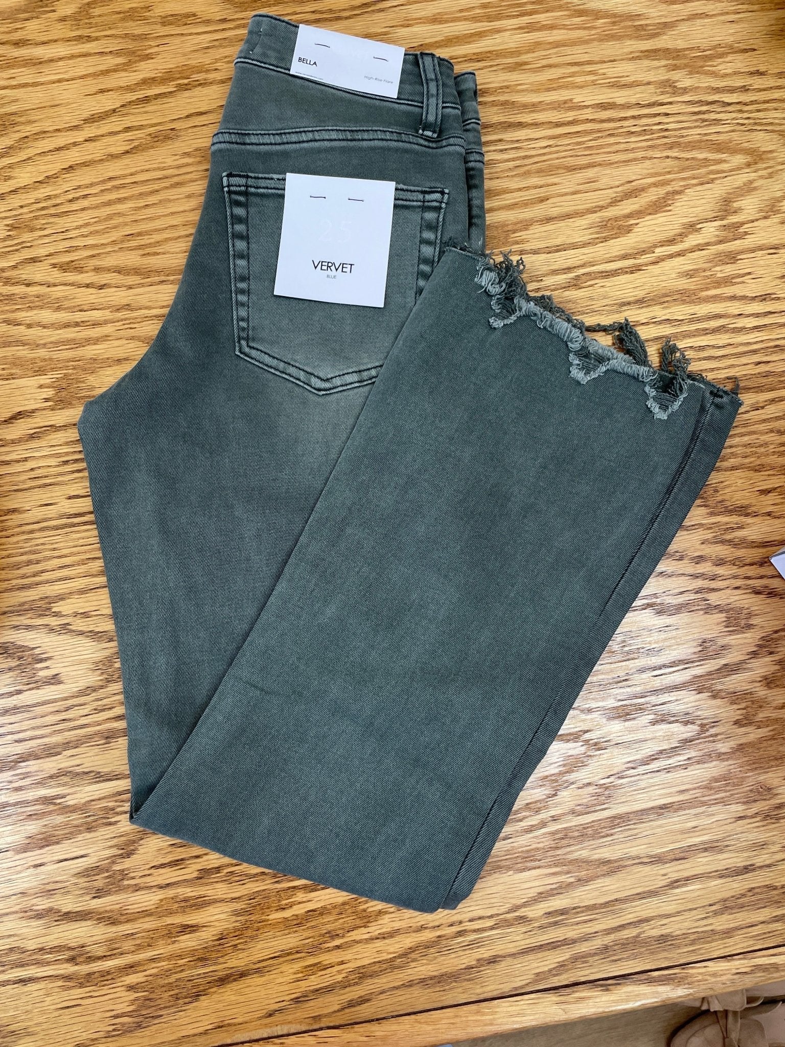 Vervet Deep Forest Green High Waisted Distressed Hem Crop Flare Jeans (C) - A'Bekah's Boutique