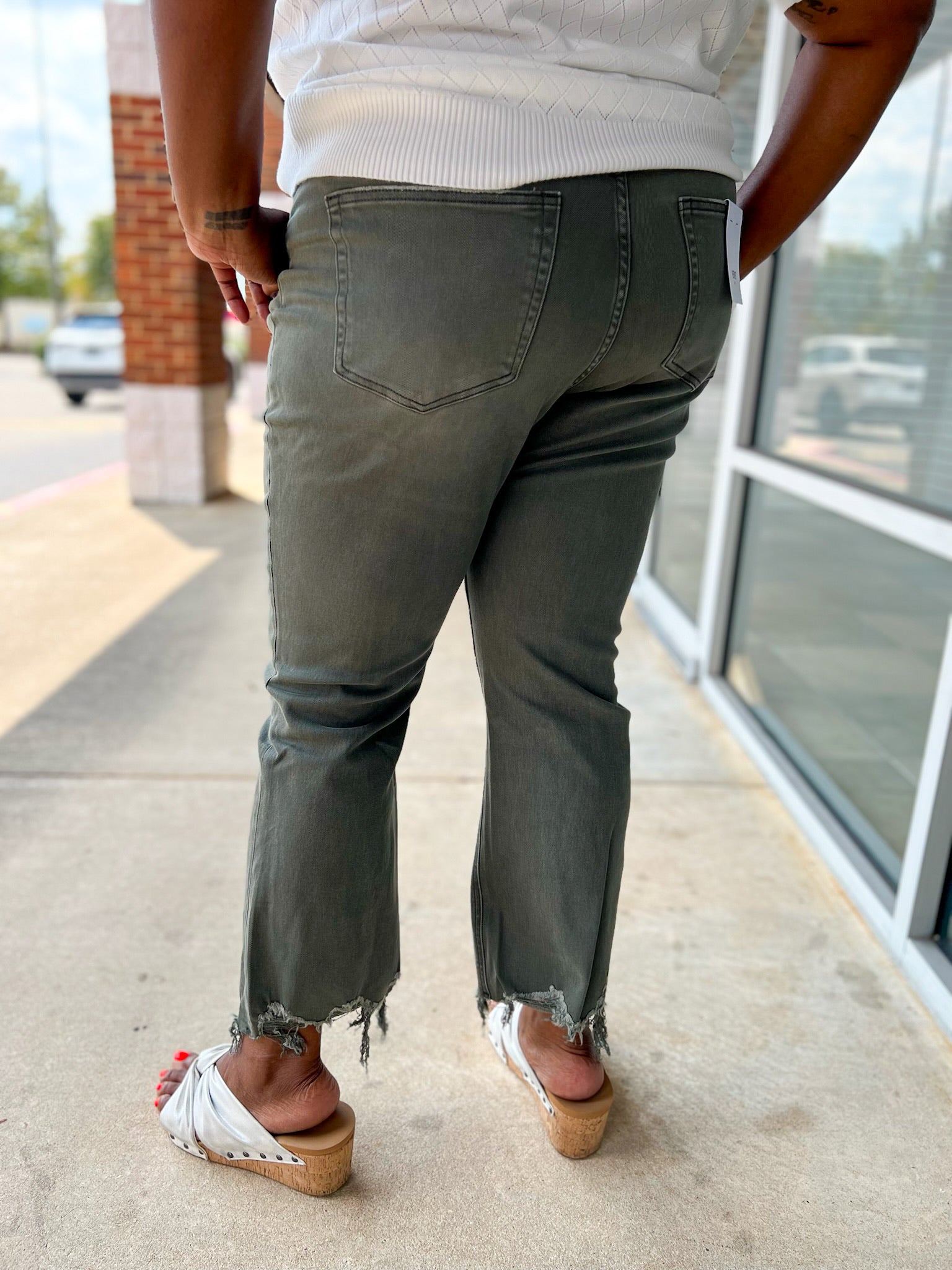 Vervet Deep Forest Green High Waisted Distressed Hem Crop Flare Jeans (C) - A'Bekah's Boutique