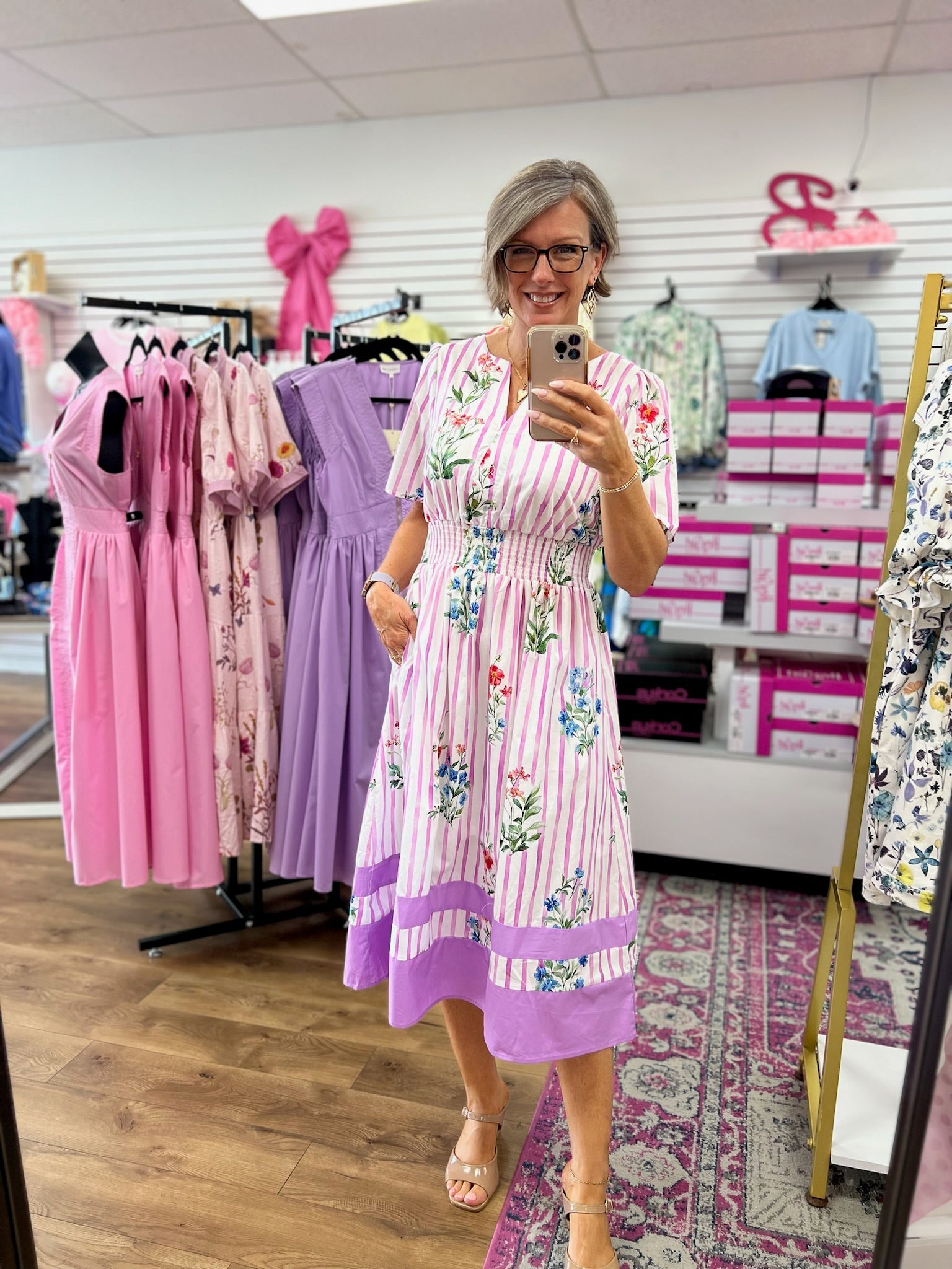 Violet Pink Floral Striped Midi Dress with Smocked Waist - A'Bekah's Boutique