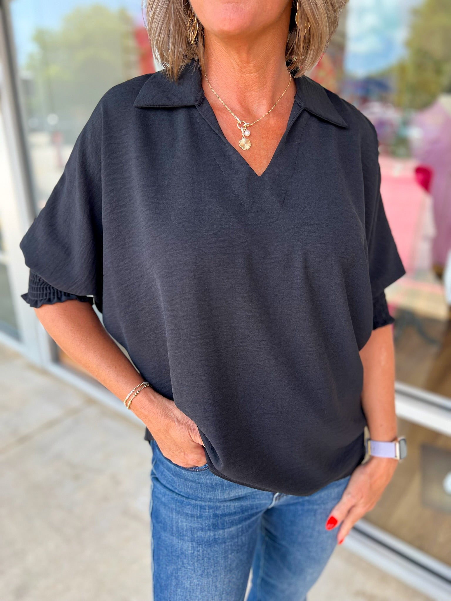 Wait For Something More Black Top with Smocked Cuff Sleeves - A'Bekah's Boutique