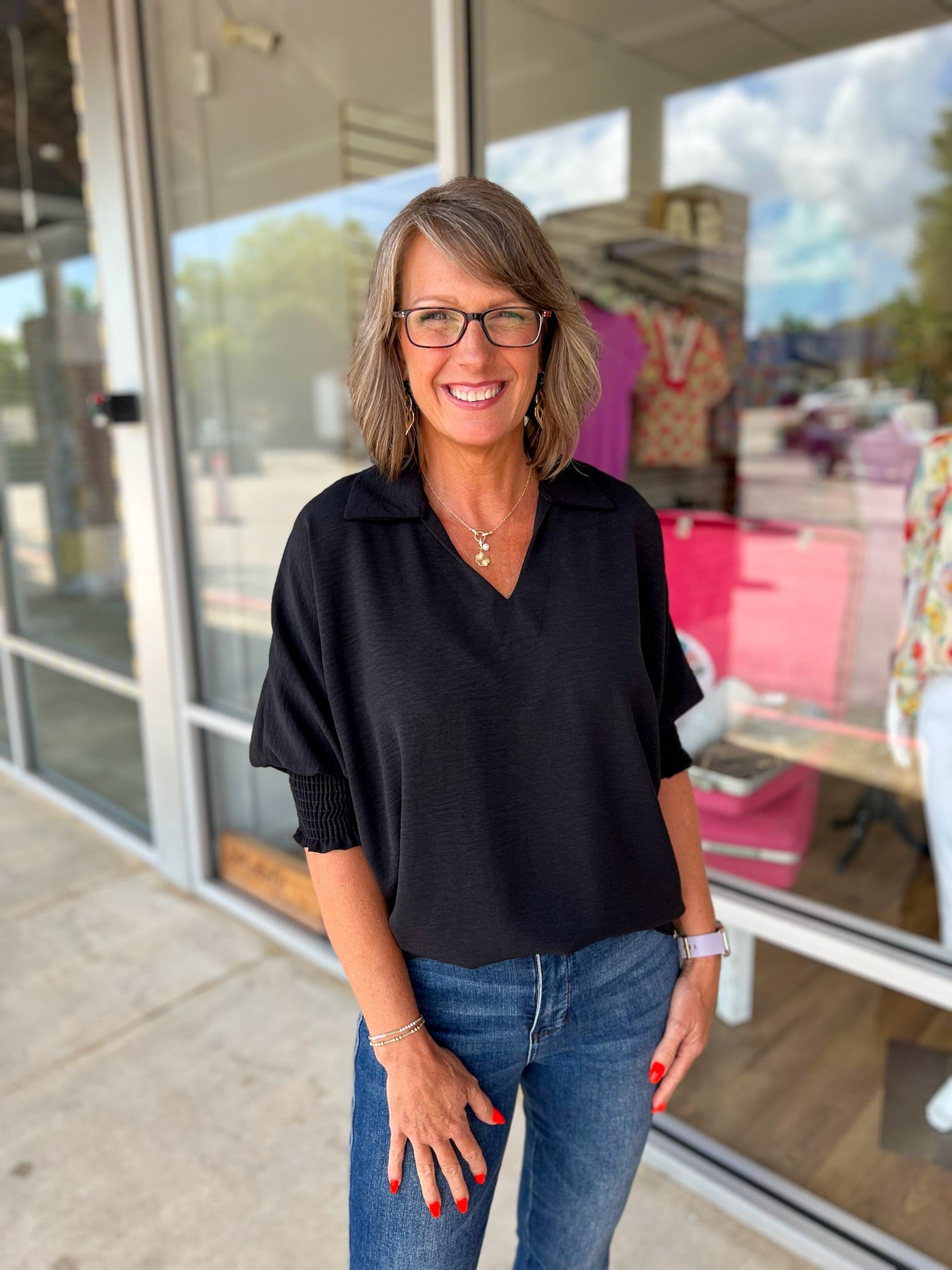 Wait For Something More Black Top with Smocked Cuff Sleeves - A'Bekah's Boutique